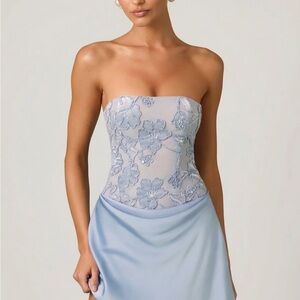 Oh Polly Eden Strapless Blue Draped Dress
